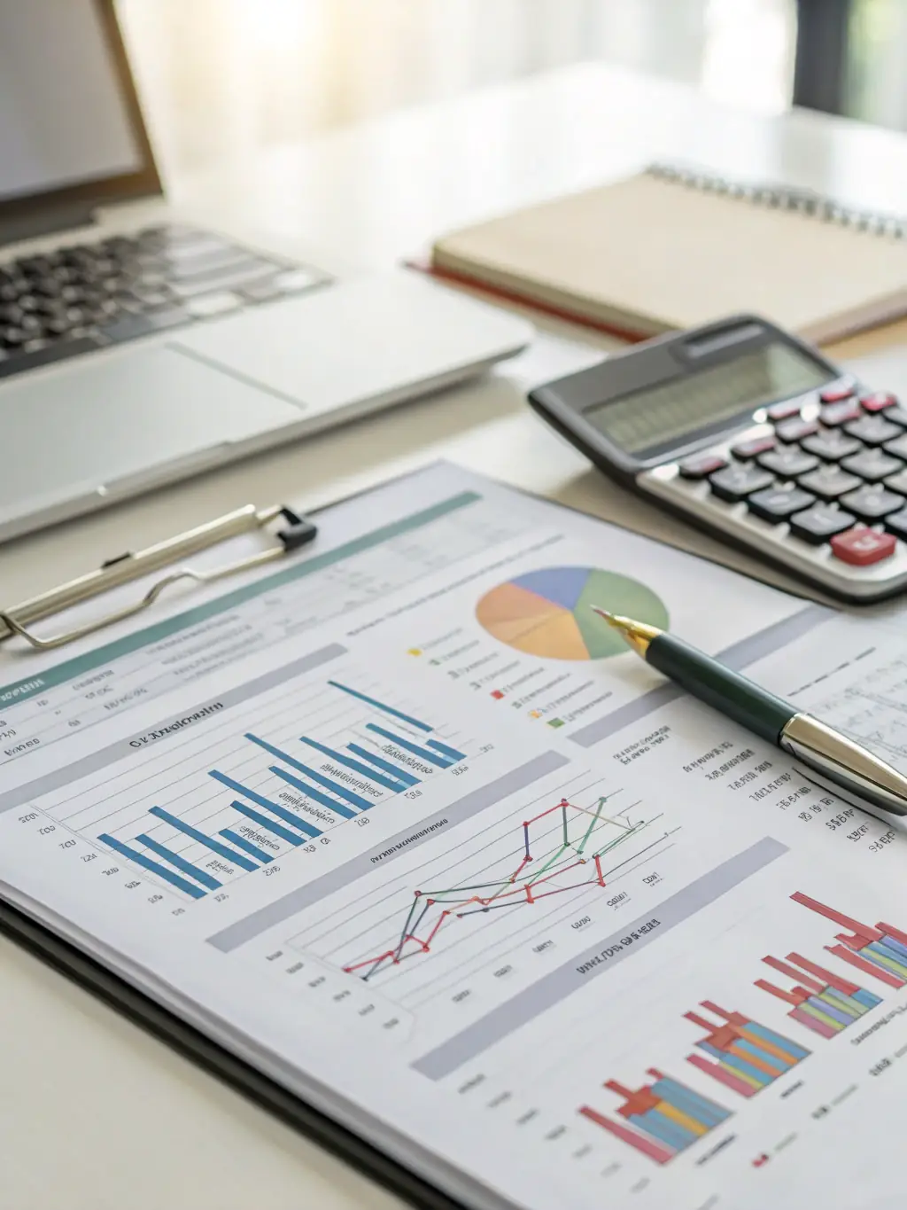 A detailed financial report being analyzed with charts and graphs, highlighting key performance indicators and financial health.