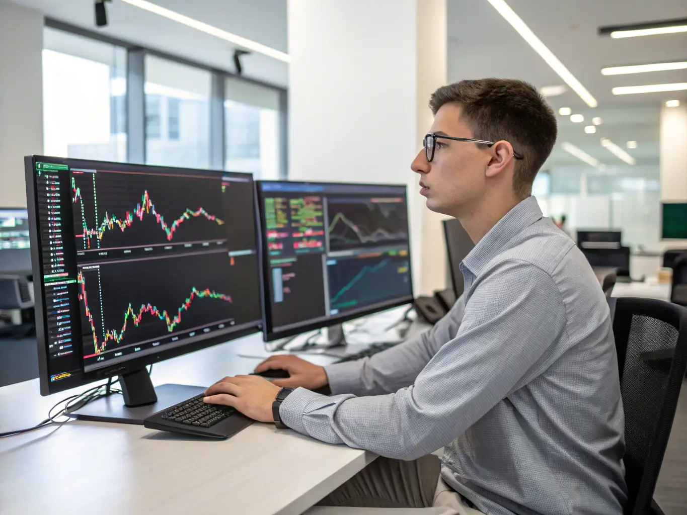 A detailed close-up shot of a financial analyst reviewing complex data on multiple monitors in a modern office setting, symbolizing in-depth financial analysis.