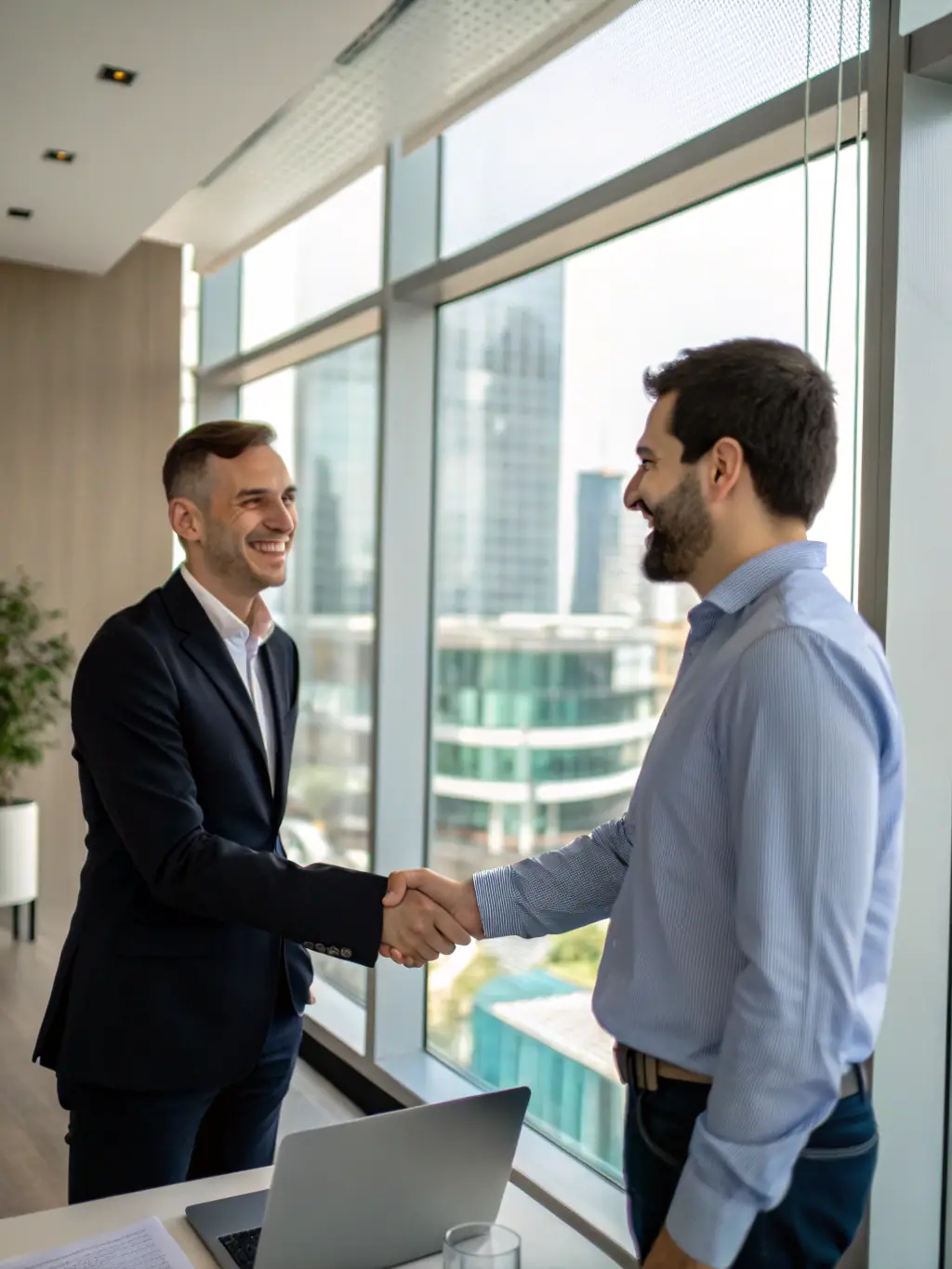 A friendly financial advisor smiling and shaking hands with a client in a modern office setting, symbolizing trust and partnership.